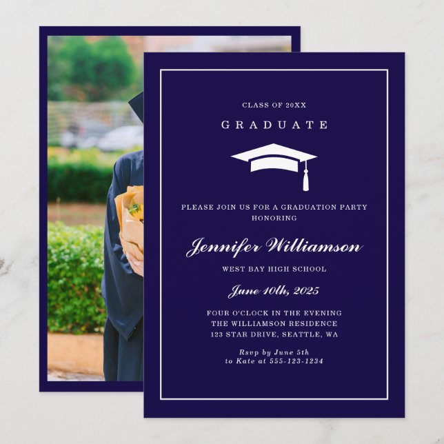 Invitation Élégant Script Navy Blue Graduation Party Photo (Devant / Derrière)