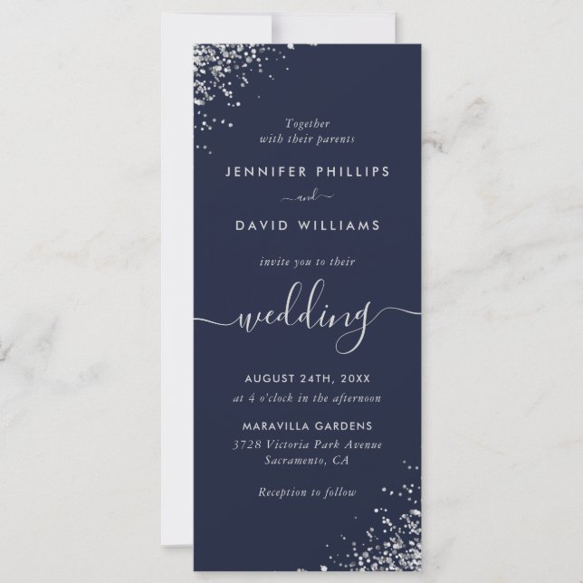 Invitation Élégant Script Navy Blue Silver Parties scintillan (Devant)
