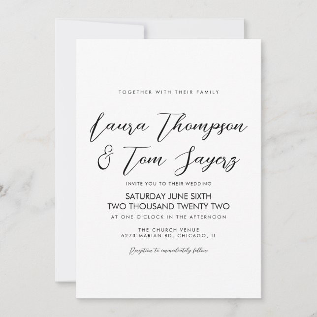 Invitation Élégant Script noir blanc Mariage moderne (Devant)