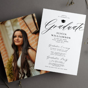 Invitation Élégant script noir et blanc fête de graduation