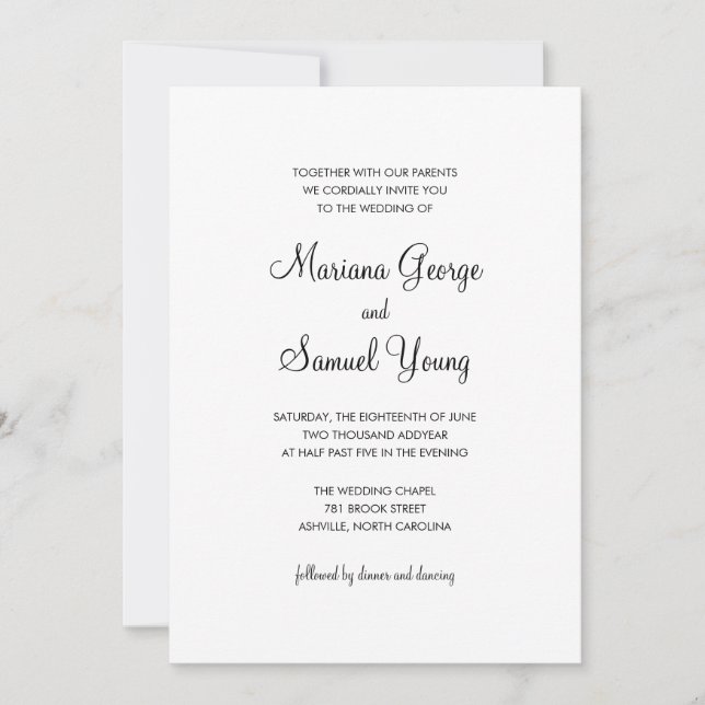 Invitation Élégant script noir et blanc Mariage simple (Devant)