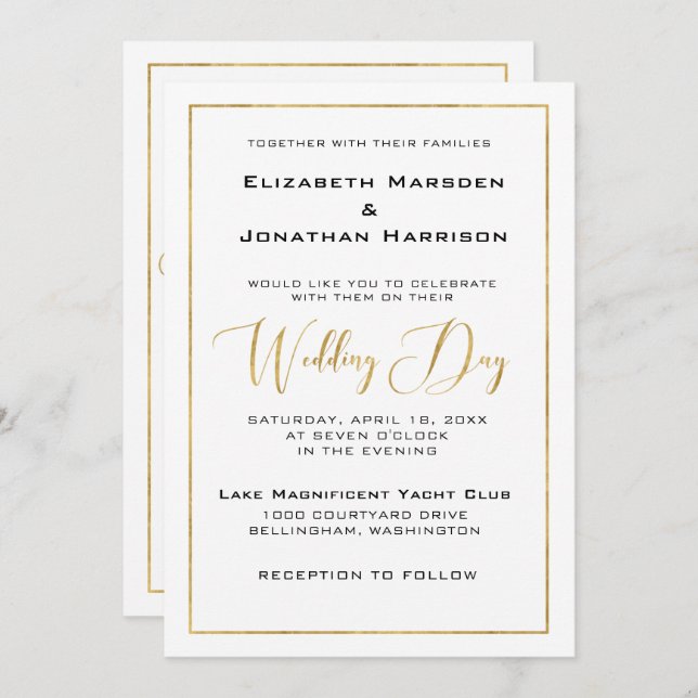 Invitation Élégant script noir et or et Mariage frontalier (Devant / Derrière)