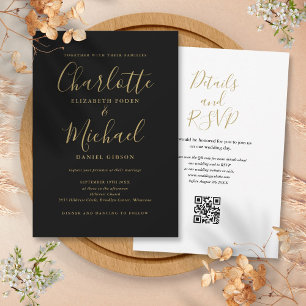 Invitation Élégant script noir et or QR Code Mariage