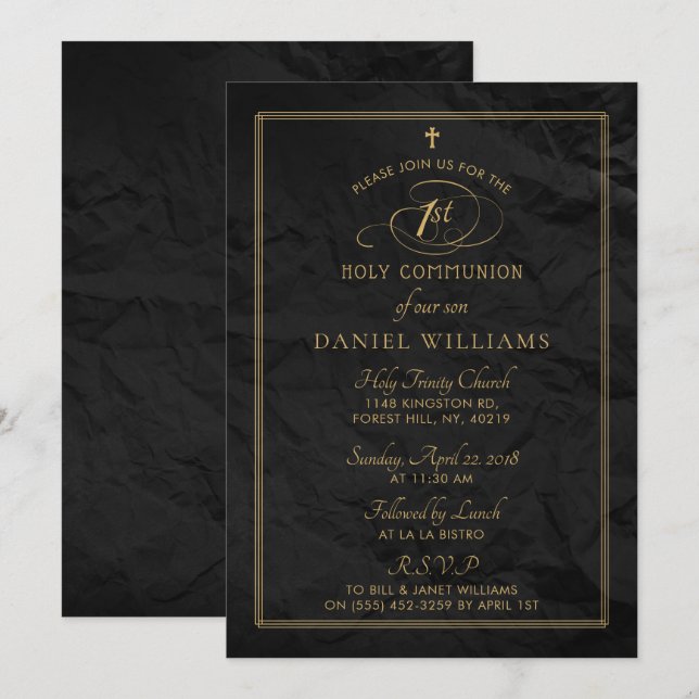 Invitation Élégant script noir & or 1ère Sainte Communion (Devant / Derrière)