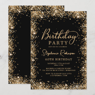 Invitation Élégant Script Noir Paillettes Or 60e Anniversaire