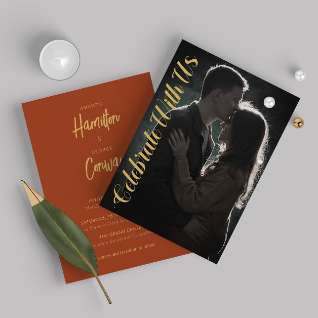 Invitation Élégant script Ochre Mustard Mariage photo (Créateur téléchargé)