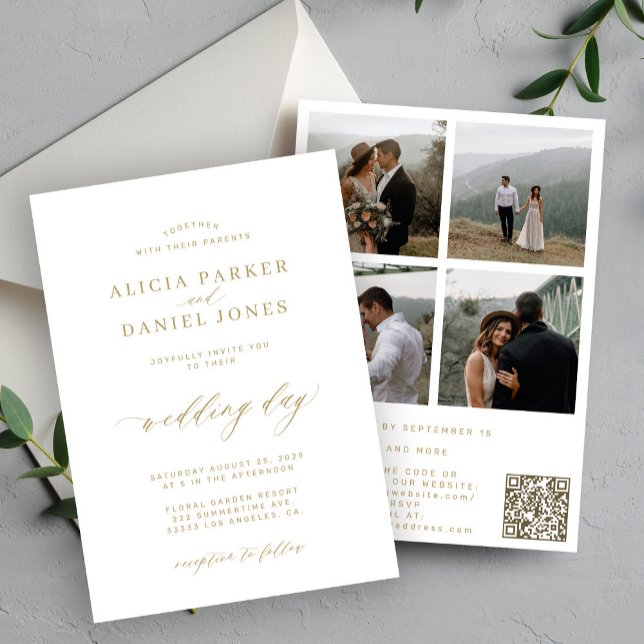 Invitation Elégant script or 4 photos Code QR RSVP mariage (Créateur téléchargé)