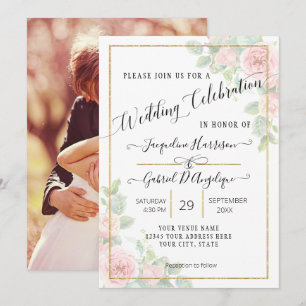 Invitation Élégant Script or Aquarelle rose Mariage floral