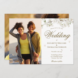 Invitation Élégant script or Blancs Blossom 2 Photo