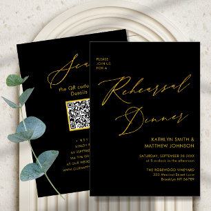 Invitation Élégant script or Gris de répétition Dîner Code QR