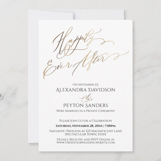 Invitation Élégant Script Or Heureux Jamais Après La Réceptio (Devant)