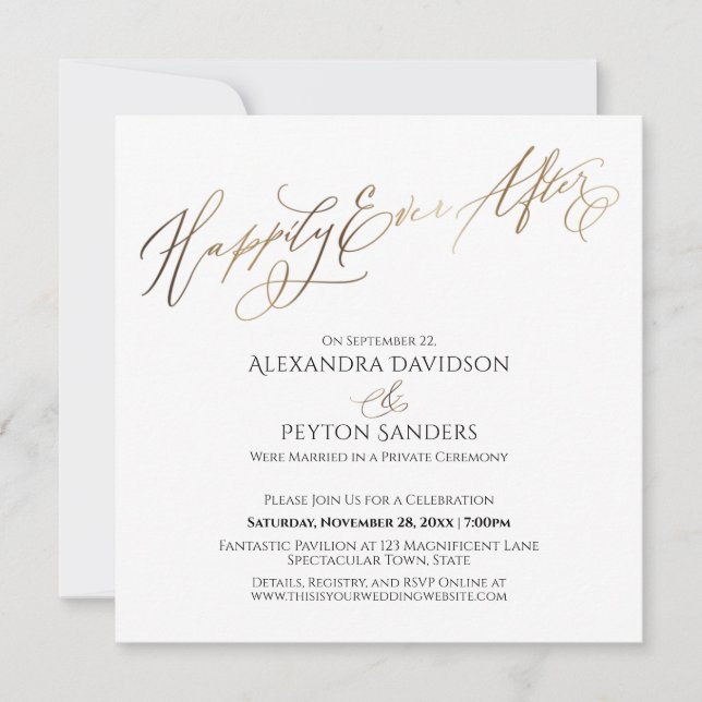 Invitation Élégant Script Or Heureux Jamais Après La Réceptio (Devant)