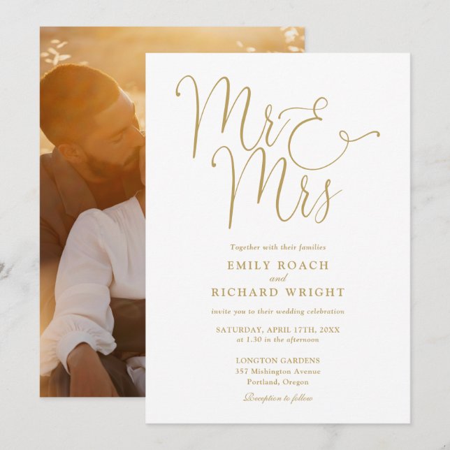 Invitation Élégant Script Or Mr Et Mrs Mariage Photo (Devant / Derrière)