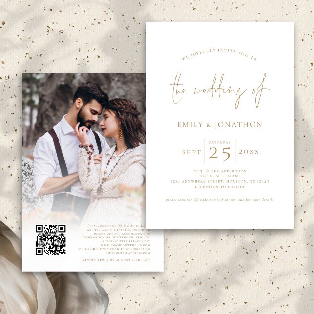 Invitation Élégant script or superposition photo QR Code Mari (Front and back view)