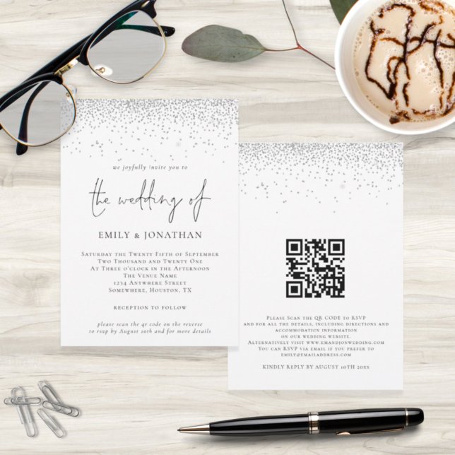 Invitation Élégant Script Parties scintillant argent QR Code  (Créateur téléchargé)