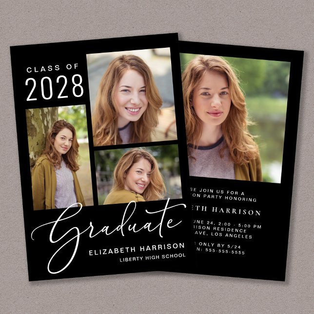 Invitation Élégant script photo Black Graduation Party (An elegant college graduation party invitation to celebrate the graduate's achievements)