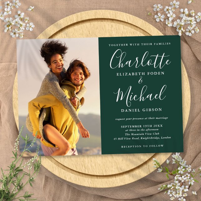 Invitation Élégant script photo Emerald Green Mariage (Elegant Script Photo Emerald Green Wedding Invitation)