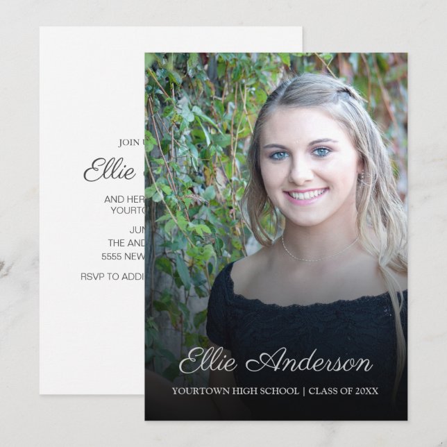 Invitation Élégant Script Photo Graduation Party (Devant / Derrière)