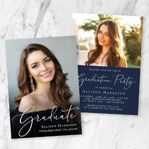 Invitation Élégant Script Photo Overlay Blue Graduation Party