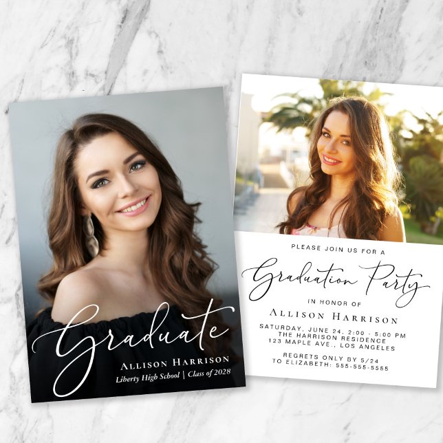 Invitation Élégant Script Photo Overlay Party (An elegant photo graduation party invitation to celebrate the graduate's achievements)