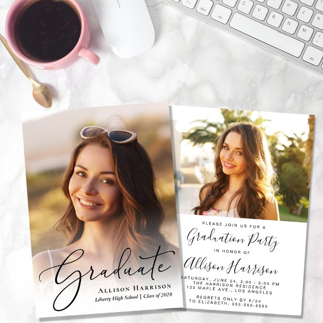 Invitation Élégant script photo superposition Graduation Part (An elegant photo graduation party invitation to celebrate the graduate's achievements)