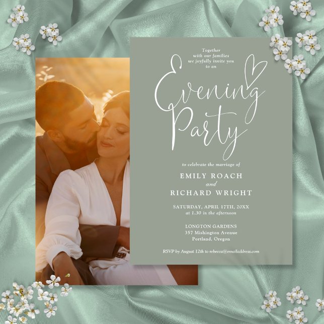 Invitation Élégant script photo vert sauge mariage soirée (Chic Script Photo Sage Green Wedding Evening Party Invitation)