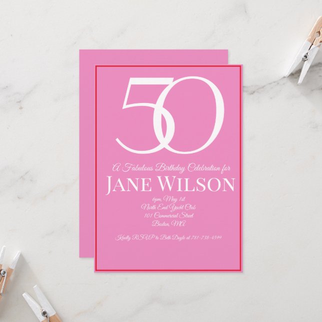 Invitation Elegant Script Pink 50th Birthday Party  (Devant/Arrière en situation)