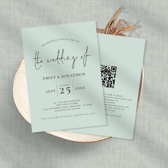 Invitation Élégant script QR Code Mint Green Mariage (Créateur téléchargé)