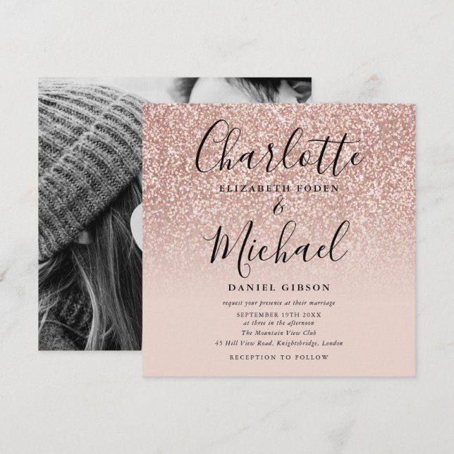 Invitation Élégant Script Rose Gold Parties scintillant Maria (Devant / Derrière)