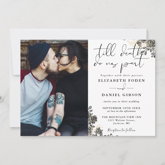 Invitation Élégant Script Rose gothique Floral Photo Mariage (Devant)