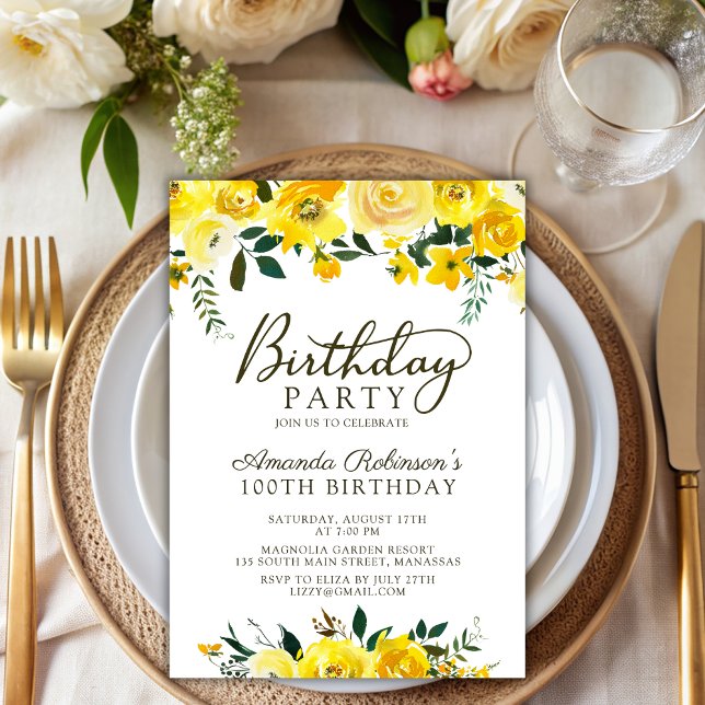 Invitation Élégant Script Rose jaune Floral 100e anniversaire (Créateur téléchargé)