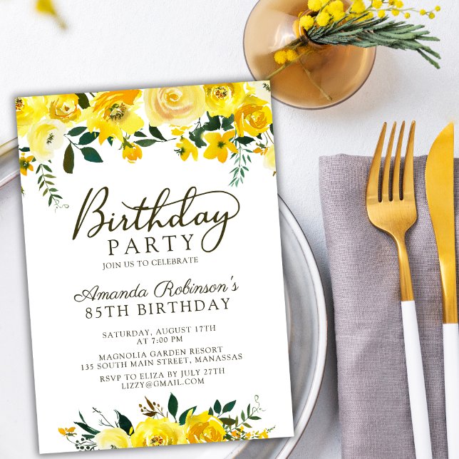 Invitation Élégant Script Rose jaune Floral 85e anniversaire (Créateur téléchargé)