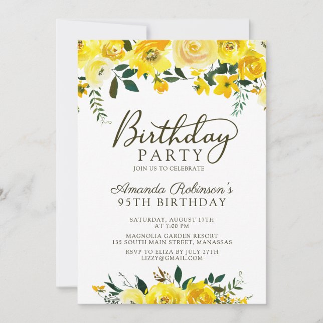 Invitation Élégant Script Rose jaune Floral 95e anniversaire (Devant)