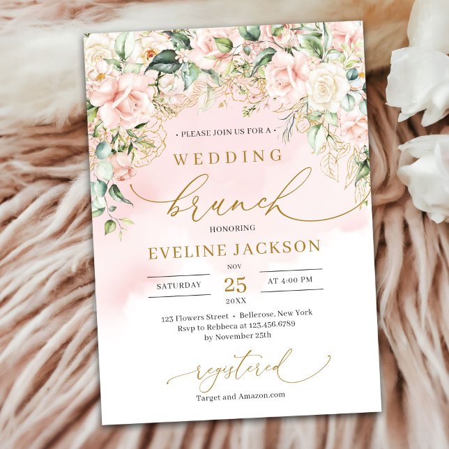 Invitation Élégant script rose pastel roses brunch mariage (Ethereal pale pink roses sage greenery and gold wedding brunch invitation)