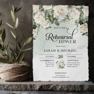 Invitation Élégant script roses blanches et répétition d'or