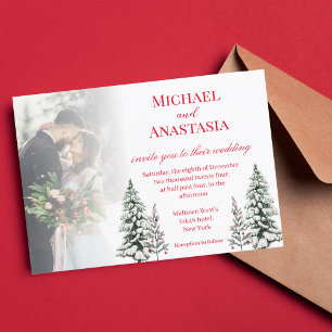 Invitation élégant script rouge pin arbre d'hiver mariage