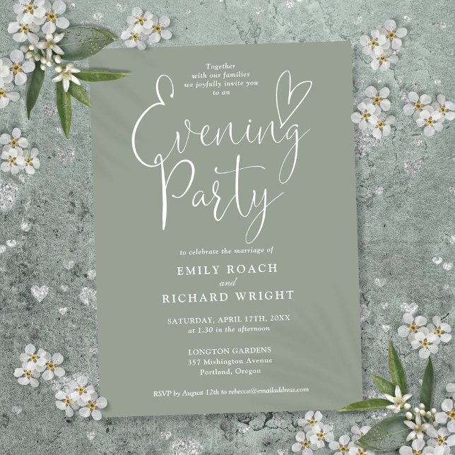 Invitation Élégant Script Sage Green Mariage soirée de soirée (Elegant Script Sage Green Wedding Evening Party Invitation)