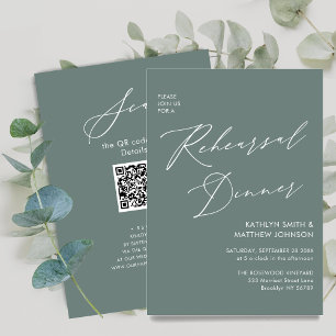 Invitation Élégant Script Sage Green Rehearsal Dinner Code QR