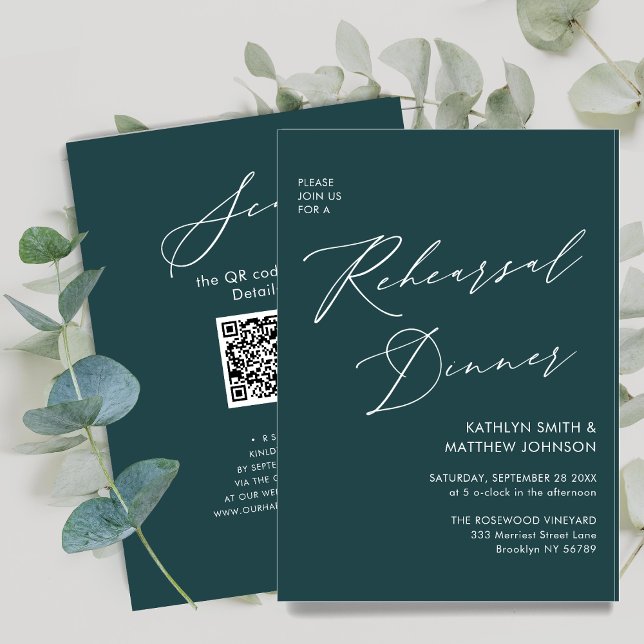 Invitation Élégant Script Sage Green Rehearsal Dinner Code QR (Créateur téléchargé)