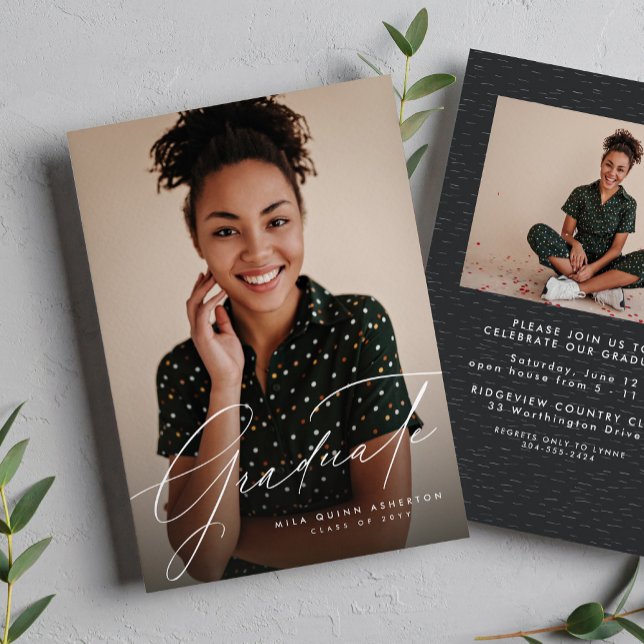 Invitation Élégant script simple deux graduation photo (Créateur téléchargé)