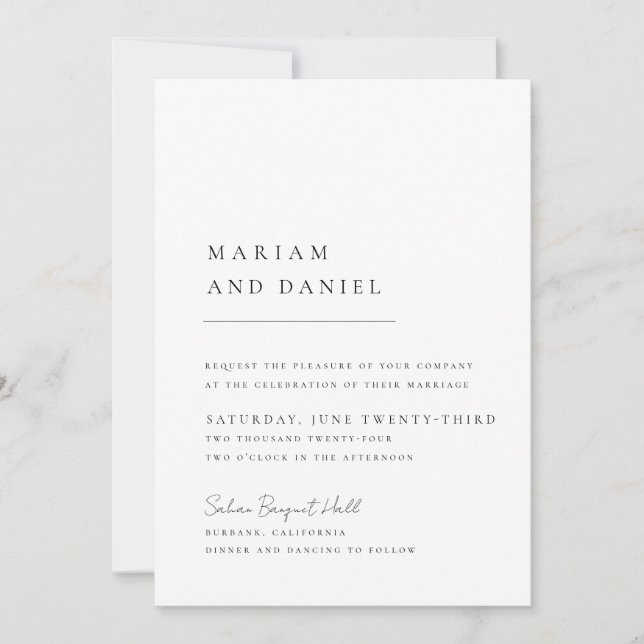 Invitation Élégant Script Simple Mariage noir et blanc (Devant)