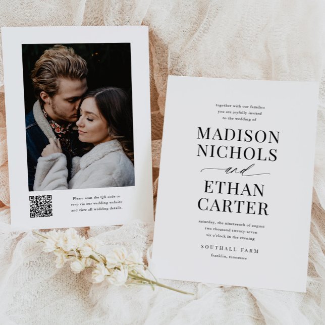 Invitation Élégant script simple QR Code Mariage photo (Créateur téléchargé)