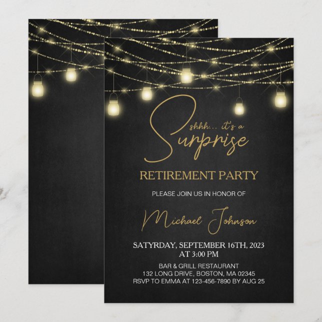 Invitation Élégant Script Surprise Retraite Party (Devant / Derrière)
