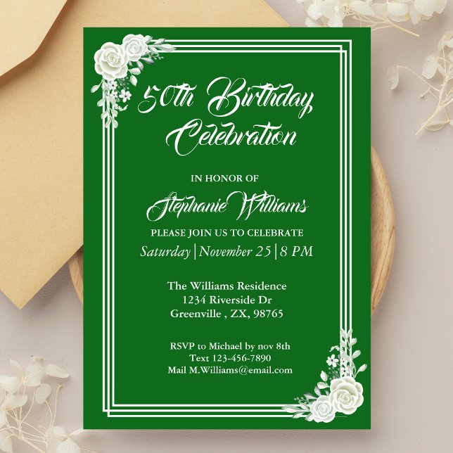Invitation Élégant Script Vert Rose blanche 50e anniversaire (Créateur téléchargé)