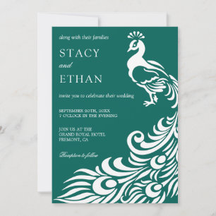 Invitation Elégant Sea Green et White Peacock Mariage