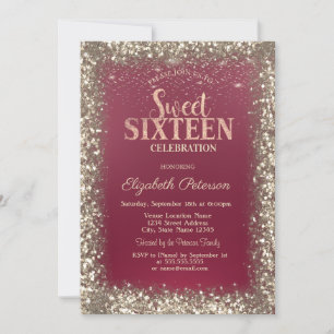 Invitation Élégant Séquins Or Moderne Cadre Rouge Sweet 16