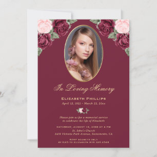 Invitation Elégant service de Mémorial photo Rouge Rose Or