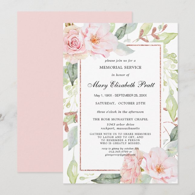 Invitation Élégant service de Mémorial Rose Floral Or (Devant / Derrière)
