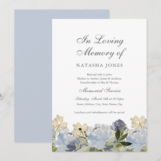 Invitation Elégant service Floral Blue Memorial (Devant / Derrière)