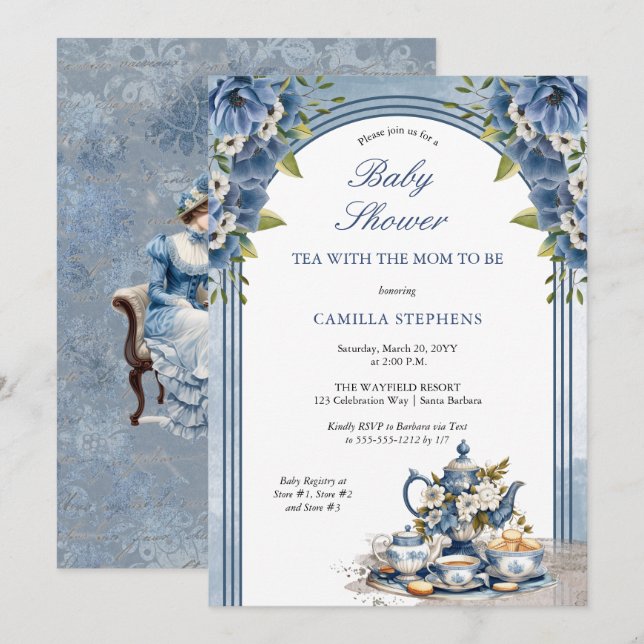 Invitation Elégant Set de thé Floral Bleu Baby Tea Douche (Devant / Derrière)
